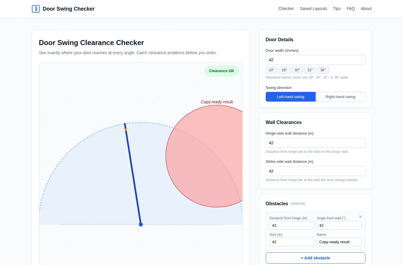 Screenshot of Door Swing Clearance Checker interface showing the project page in use